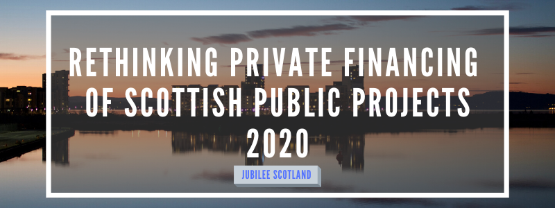 Image of a city skyline next to river at sunset. Over this is a white frame, inside the frame is white text that says Rethinking Private Financing of Scottish Public Projects 2020