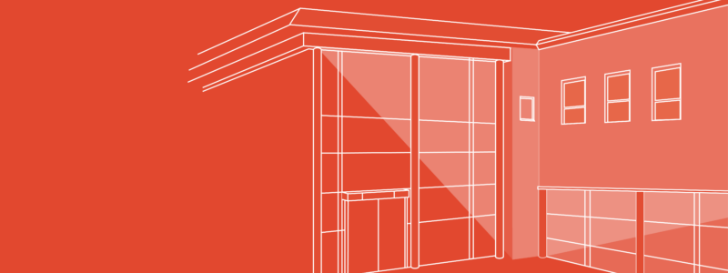 Dark bright orange background with a white line vector illustration of a public building with a glass front.